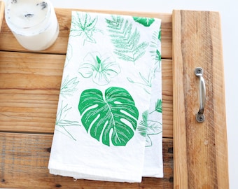 Torchon de feuilles tropicales | monstera palm house plant amant floral sac de farine cuisine torchon serviette à main