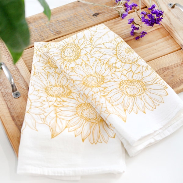 Sunflower Garden Tea Towel  |  cottagecore flour sack tea towel sunflower kitchen towel mothers day pastel grandmillennial floral decor