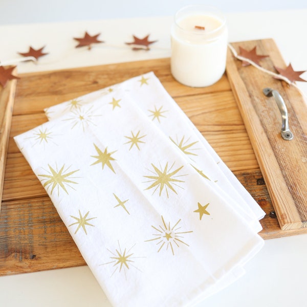 Starlight Pattern Tea Towel  |  Christmas star tea towel celestial stars gold stars new years eve party favor holiday hostess gift star art