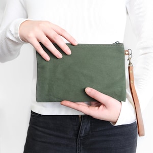 Cartera de lona/bolsa con cremallera/cartera de mano de algodón hecha a mano en color verde o tostado, cartera de mano pequeña de cuero
