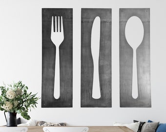 Fork Knife Spoon Wall Art Panel Set |  cuisine moderne mur art cuisine décor restaurant décor industriel artisanal cuisine