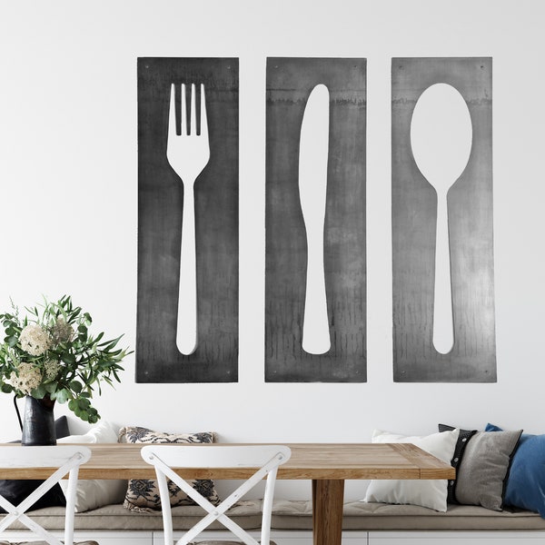 Fork Knife Spoon Wall Art Panel Set |  modern kitchen wall art kitchen decor restaurant decor handmade industrial farmhouse kitchen