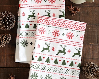 Christmas Sweater Tea Towel | holiday farmhouse cotton tea towel kitchen hand towel reindeer rustic style cabin decor snowflake art