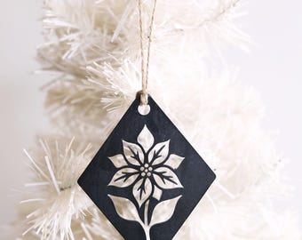 Poinsettia Diamond Christmas Tree Ornament | Metal Holiday Decoration Vintage Christmas Gift Rustic Farmhouse Home Decor Christmas Flower