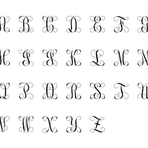 May include: A set of 26 uppercase letters in a decorative script font. Each letter is stylized with a flourish and a curl.