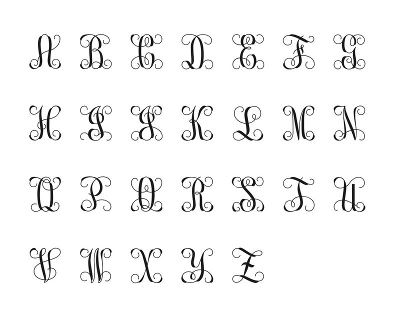 May include: A set of 26 uppercase letters in a decorative script font. Each letter is stylized with a flourish and a curl.