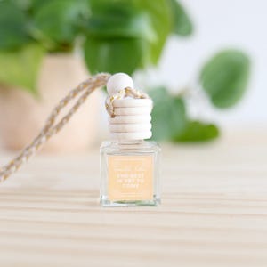 May include: A small, clear glass bottle with a wooden top and a hanging string. The bottle has a label that reads "smells like THE BEST IS YET TO COME." The background includes a green plant and a light-colored wooden surface.