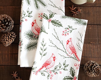 Winter Cardinal Tea Towel | bird lover gift cardinal decor cottagecore cotton tea towel winter farmhouse kitchen hand towel rustic outdoor