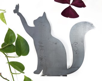 Metal Cat Butterfly Statue  |   cat lover garden gift farmhouse decor garden statue cat butterfly art rustic outdoor cottagecore plant lover
