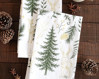 Enchanted Forest Tea Towel | cottagecore cotton tea towel farmhouse kitchen hand towel homestead rustic decor cabin woods fern deer art