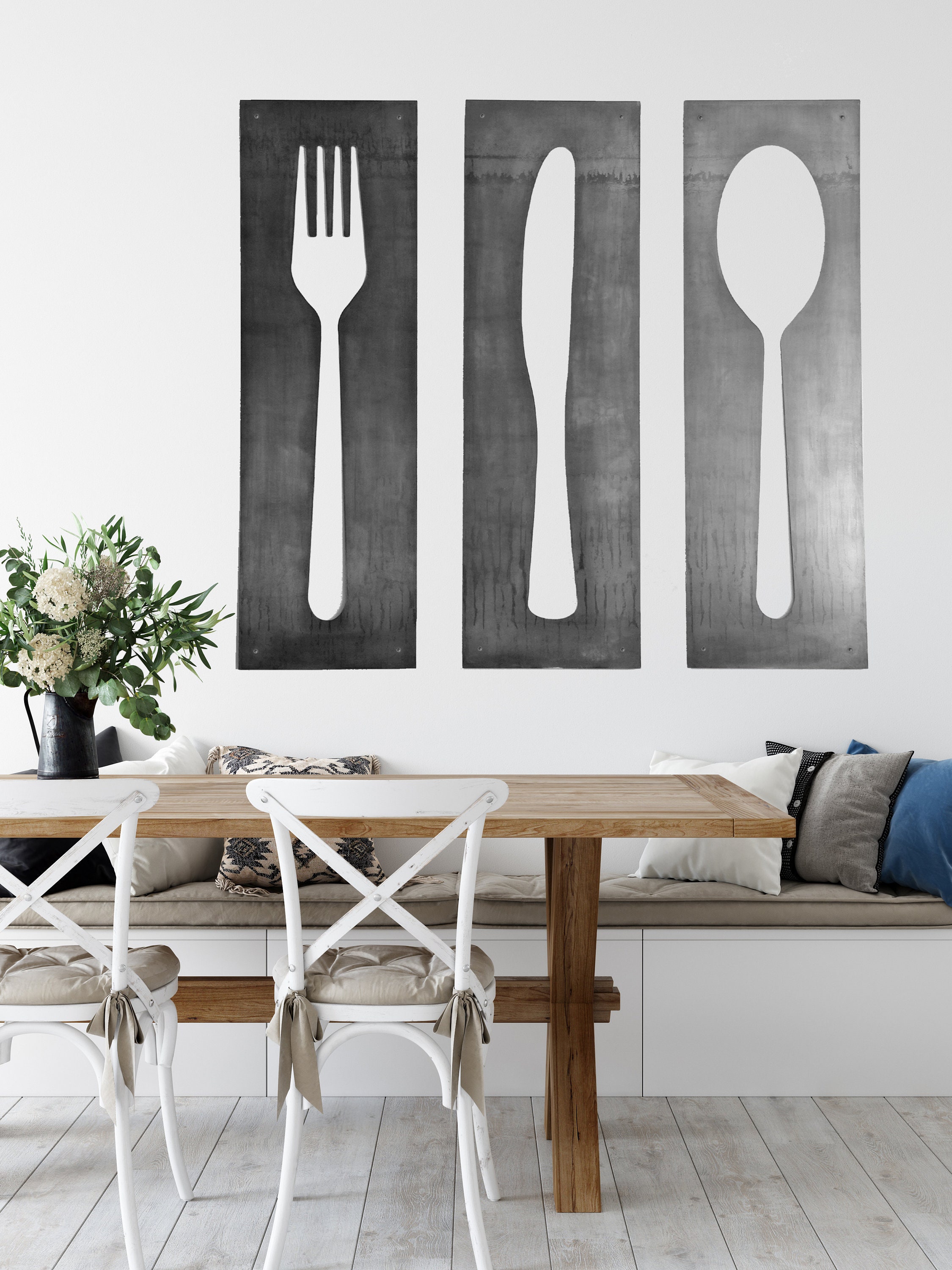 3 Pcs Kitchen Hanging Wall Decoration with Flower Wooden Eat Set Decor Fork and Spoon Wall Decor Rustic Kitchen Wooden Wall Art Sign Cute Kitchen