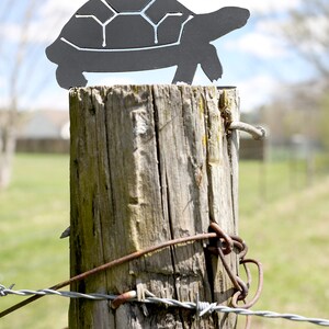 K&ouml;nnte beinhalten: Eine schwarze Metall-Schildkr&ouml;ten-Silhouette, die auf einem verwitterten Holzpfosten montiert ist. Der Pfosten ist mit rostigem Stacheldraht umwickelt.