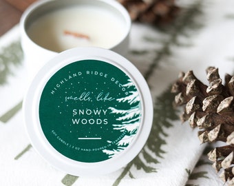 Hand-Poured Soy Candle - Juniper & Balsam "Snowy Woods" Tin Christmas Candle |  cozy scented candle gift natural handmade wood wick holiday