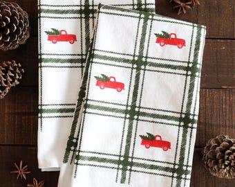 Red Truck Christmas Tree Tea Towel | Christmas farm truck holiday farmhouse cotton tea towel kitchen hand towel homestead rustic decor