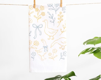 Goose Tea Towel | Cottagecore Kitchen Farmhouse Dish Towel Cute Whimsical Porch Goose Decor Botanical Bow Dish Cloth