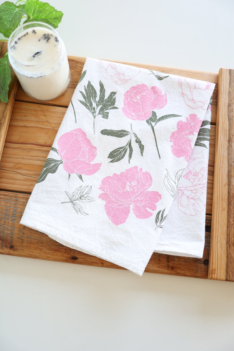 Peony Tea Towel cottagecore blush peony farmhouse mothers day flour sack tea towel floral peonies dish towel kitchen garden lover gift image 3