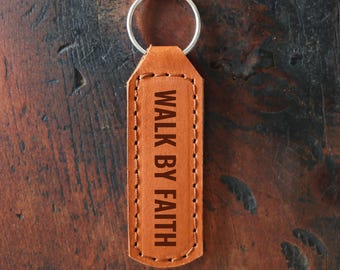 Walk By Faith Keychain Engraved Leather | Faith Keychain for Men Leather Gift For Him