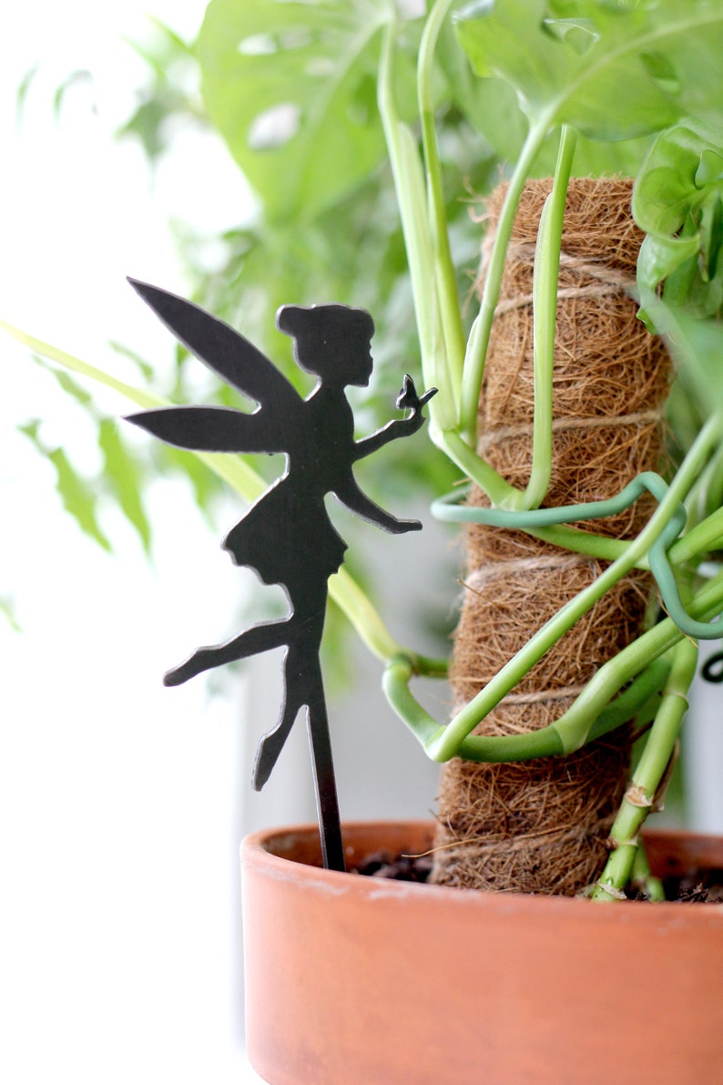 Steel Fairy holding a butterfly Plant Stake for potted plants and garden decor