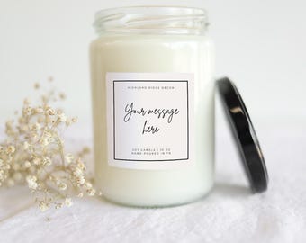 Custom Message Candle - Personalized | custom quote text candle labels your message scented soy wax candle glass jar lid event hostess gift