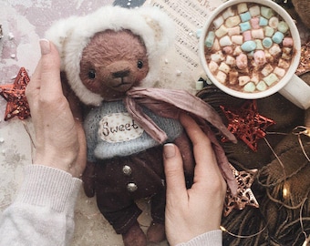 Artist stuffed teddy Bear  -  artist teddy OOAK, plush trddy, art toy collectible, teddy in dressed