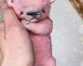 Artist pink teddy bear, bear figurine, memory gift vith love, toy for doll