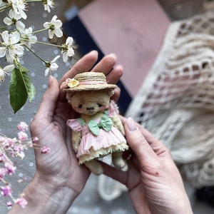 Tiny stuffed memory bear in dress, for gift, memory teddy bear figurine