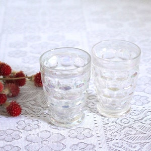 Pair Federal Glass Iridescent Tumblers - Federal glass - thumbprint - rainbow drinking glasses - Iridescent - juice glasses - rainbow glass