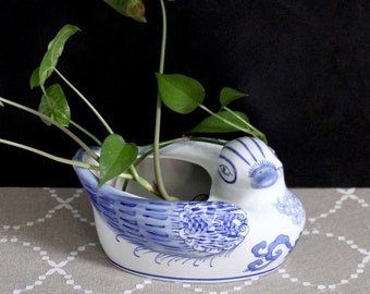 Vintage Blue and white Bird Planter - Ceramic Planter - Asian Planter - White Pot - ceramic planter -handpainted ceramic - Asian pottery