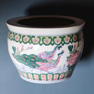 Handpainted Peacock Fish Bowl - Chinese Ceramic Planter - pot for plant