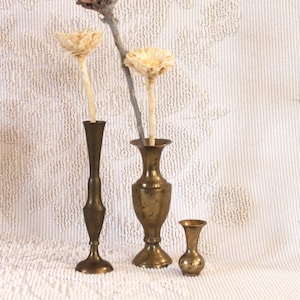 Set of 3 brass vases - fluted vases - collection of vases - etched vases - floral brass - brass flower - brass gift - variety brass - boho
