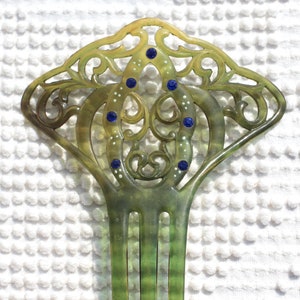 Grzebień Art Deco z kryształkami i celuloidem - Grzebień do włosów - zielony grzebień - grzebień w kształcie spirali - fryzura - niebieski grzebień z kryształkami - grzebień z celuloidu - ślub