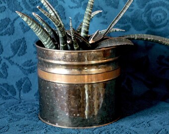Grote koperen plantenbak met koperen band - boho plantenbak - gestreepte plantenbak - kamerplant - koperen pot - gouden patina - koperen kamerplant - koperen cadeau