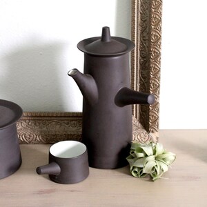 May include: A brown ceramic teapot with a lid and a spout, a small brown ceramic cup with a white interior, and a green plant on a light brown wooden surface.