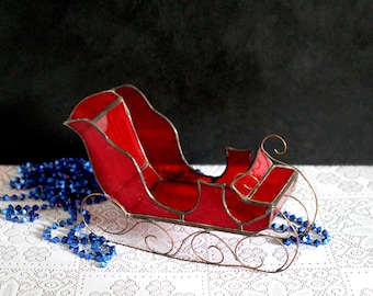 Red Glass sleigh - glass sleigh - brass Christmas - Santa sleigh - stained glass - glass Christmas -mini sleigh -red sleigh- Christmas decor