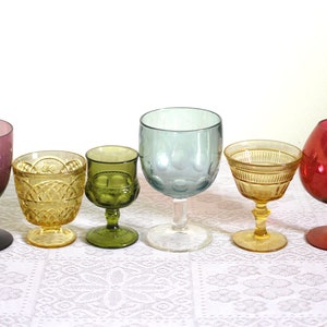 Set of 6 Colored Goblets - jewel tones - purple - wine glasses - mixed glasses - glass goblets - assorted goblets - mixed goblets