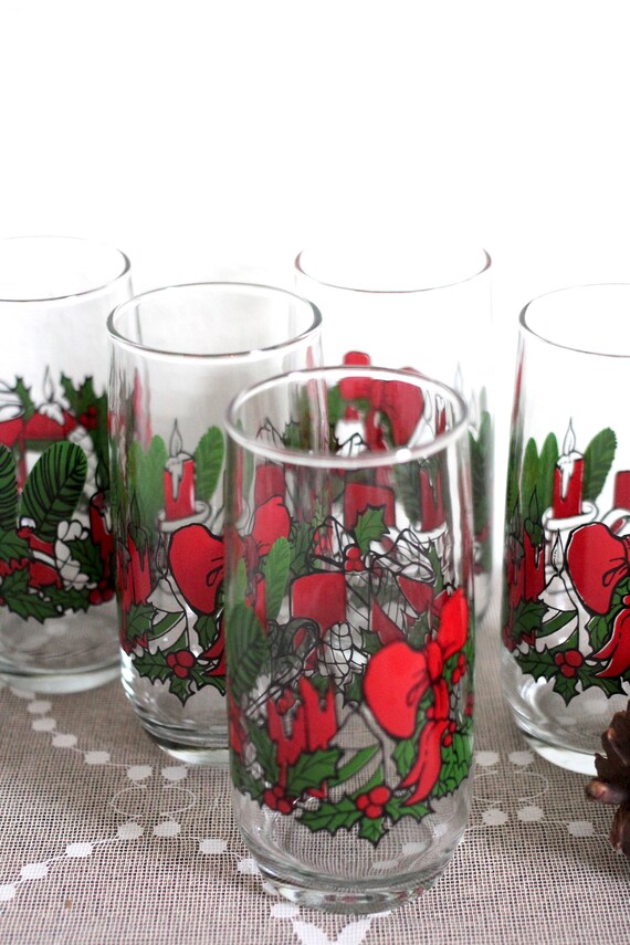 Set of 6 SIX Christmas Glasses, Holly and Berries Drinking Glasses, Bar  Ware, Highball Glasses, Holiday Red and Green, Gift 
