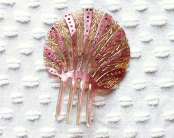 Rhinestone and Celluloid Art Deco Comb - Hair comb - shell comb - pink comb - hairstyle - pink rhinestone comb - celluloid comb - seashell