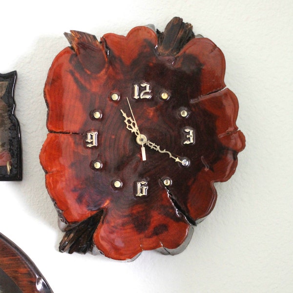 Live Edge Cypress clock - red wood clock - lacquered clock - 1970s clock - gold numbers - wood face - retro clock - wall clock - gift