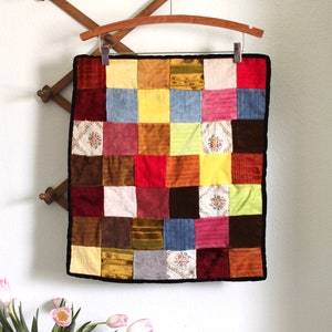 Velvet quilt square - Rainbow Quilt - doll blanket - bright colors - cottagecore - shabby chic - small quilt - quilt pillow - patchwork