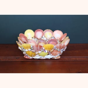Puede incluir: Un cuenco decorativo de forma cuadrada hecho completamente de conchas marinas. El cuenco está hecho de una variedad de conchas marinas en tonos de rosa, amarillo y blanco.