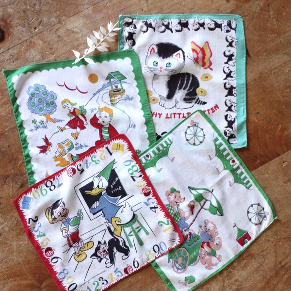 4 retro kid scarves - Disney scarves - Fairy Tale - Mother Goose - gift - kids room - nursery - Pinocchio - Christmas gift - handkerchief