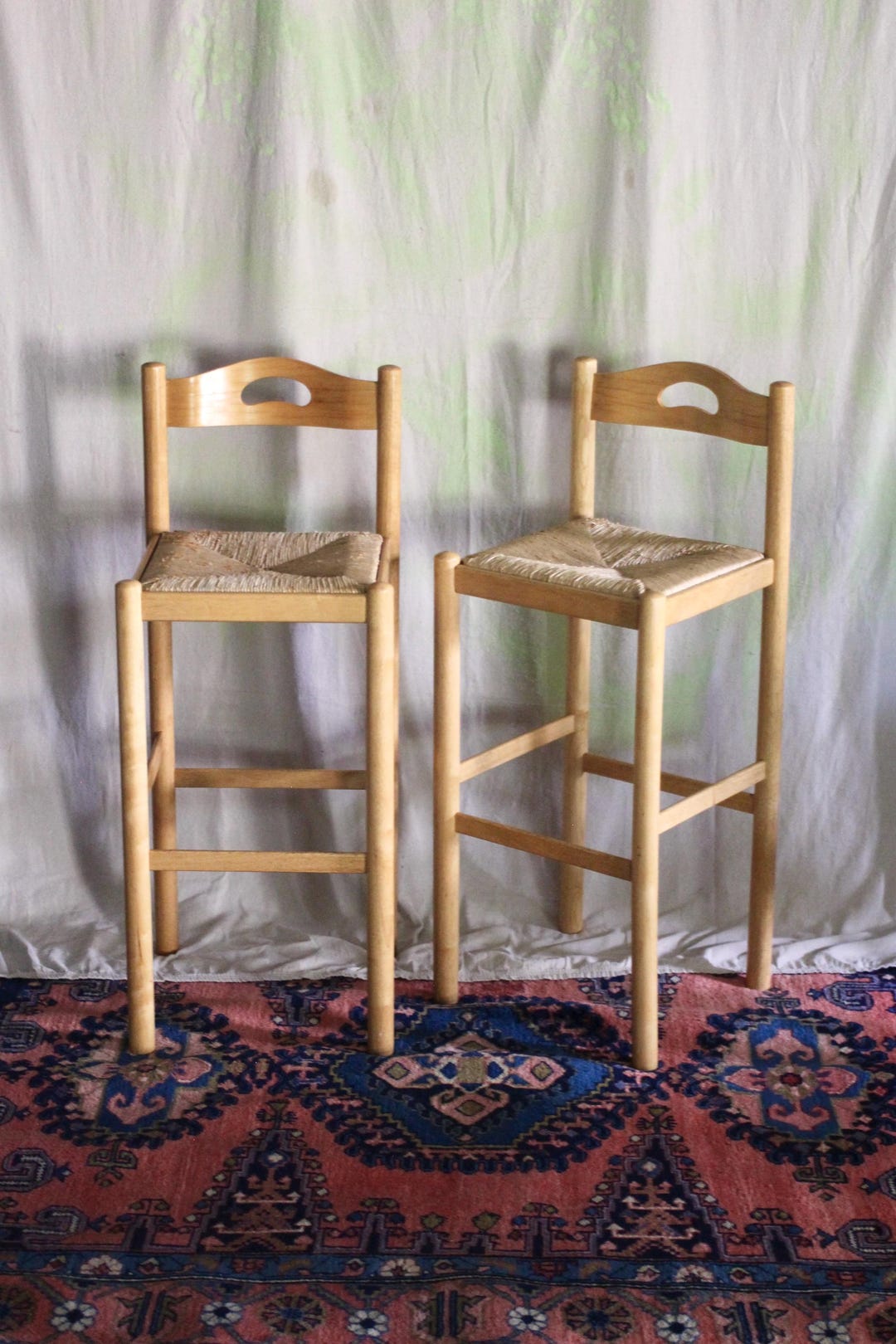 Set of 2 Lowenstein Style Stools With Woven Rush Seats and Handles ...