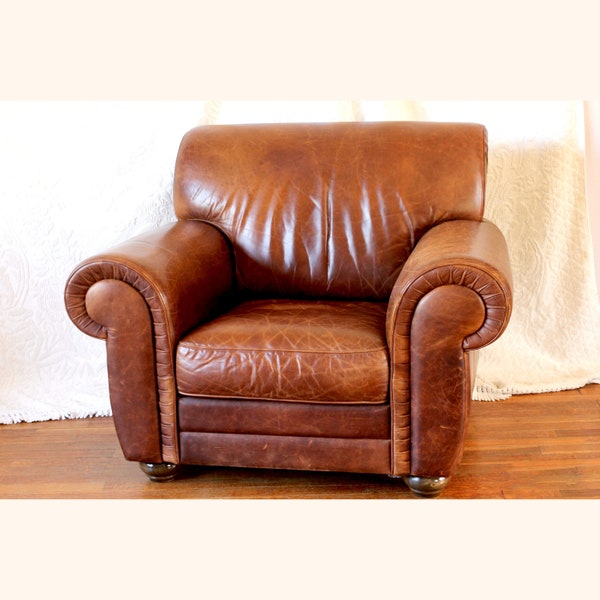 Vintage Rolled Arm Club Chair - Natuzzi leather chair - arm chair - club chair - library chair - distressed leather -armchair -brown leather