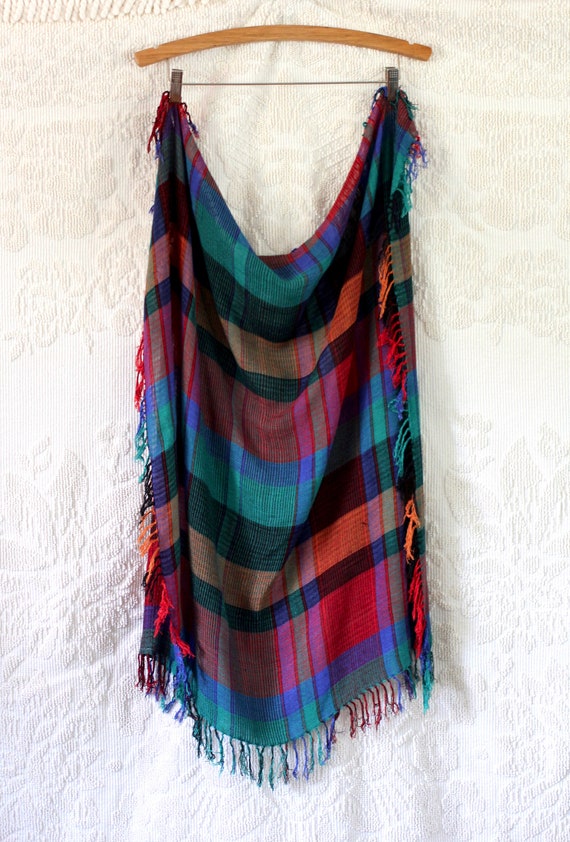 Bright Plaid Scarf - 80s scarf - fringe scarf - br