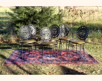 Set of 6 Rare Arthur Umanoff Sun Face Chairs - postmodern chairs - wrought iron chairs - patio chairs - sunroom - black chairs -dining chair