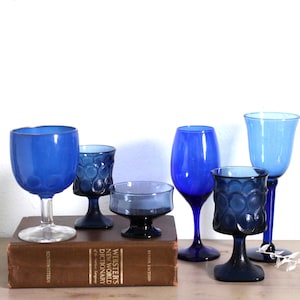 Set of 6 Blue Goblets - wine glasses - blue glasses - blue wine - variety glasses - rainbow goblet - mixed goblets - variety wine glasses