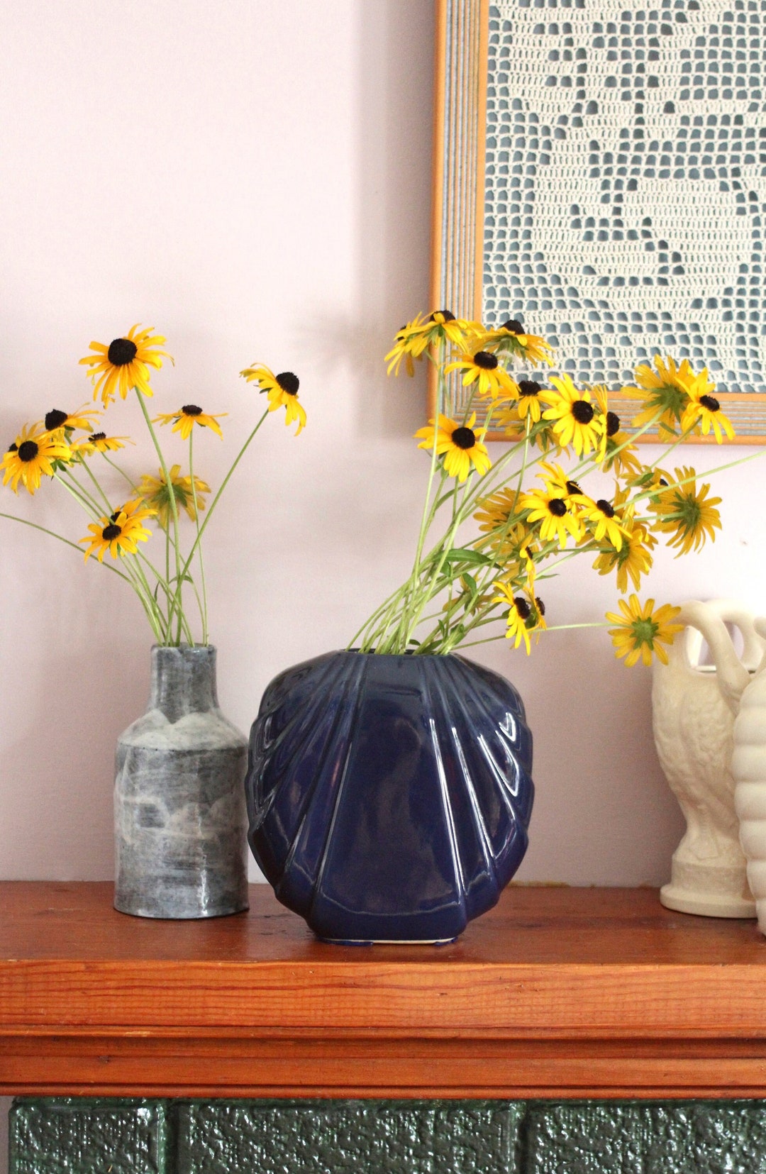 Navy Vase Art Deco Revival Blue Vase 80s Vase Blue Fan 80s Art Deco