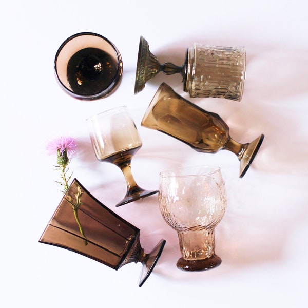 Set of 6 Gray Brown Goblets - wine glasses - smoke glasses - assorted glasses - glass goblets - smoke gray - brown glass - variety goblets