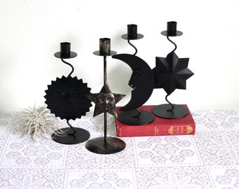 Set of 4 black candleholders - moon - sun - stars - metal candleholder - black candleholder - sun candlholder - moon candlestick - Halloween