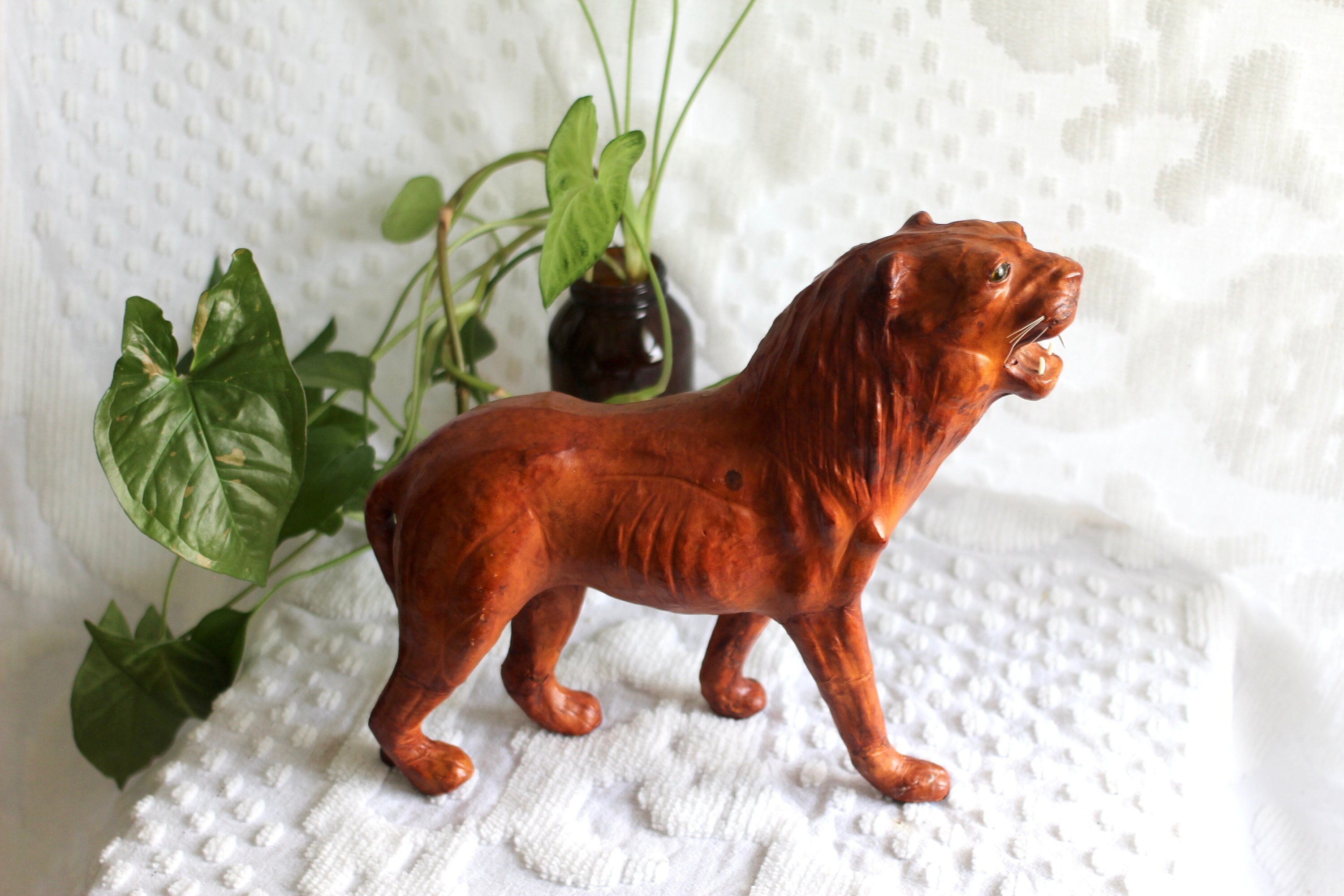 Large Vintage Leather Tiger Statue 15 Long 9 1/2 